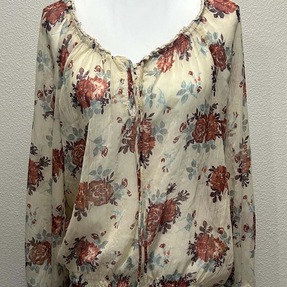 Decree sheer cream and rose blouse, v-neck crocheted neckline, large